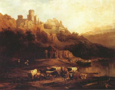 Jenaro Perez Villaamil Herd of Cattle Resting on a Riverbank in Front of a Castle (mk22) Spain oil painting art